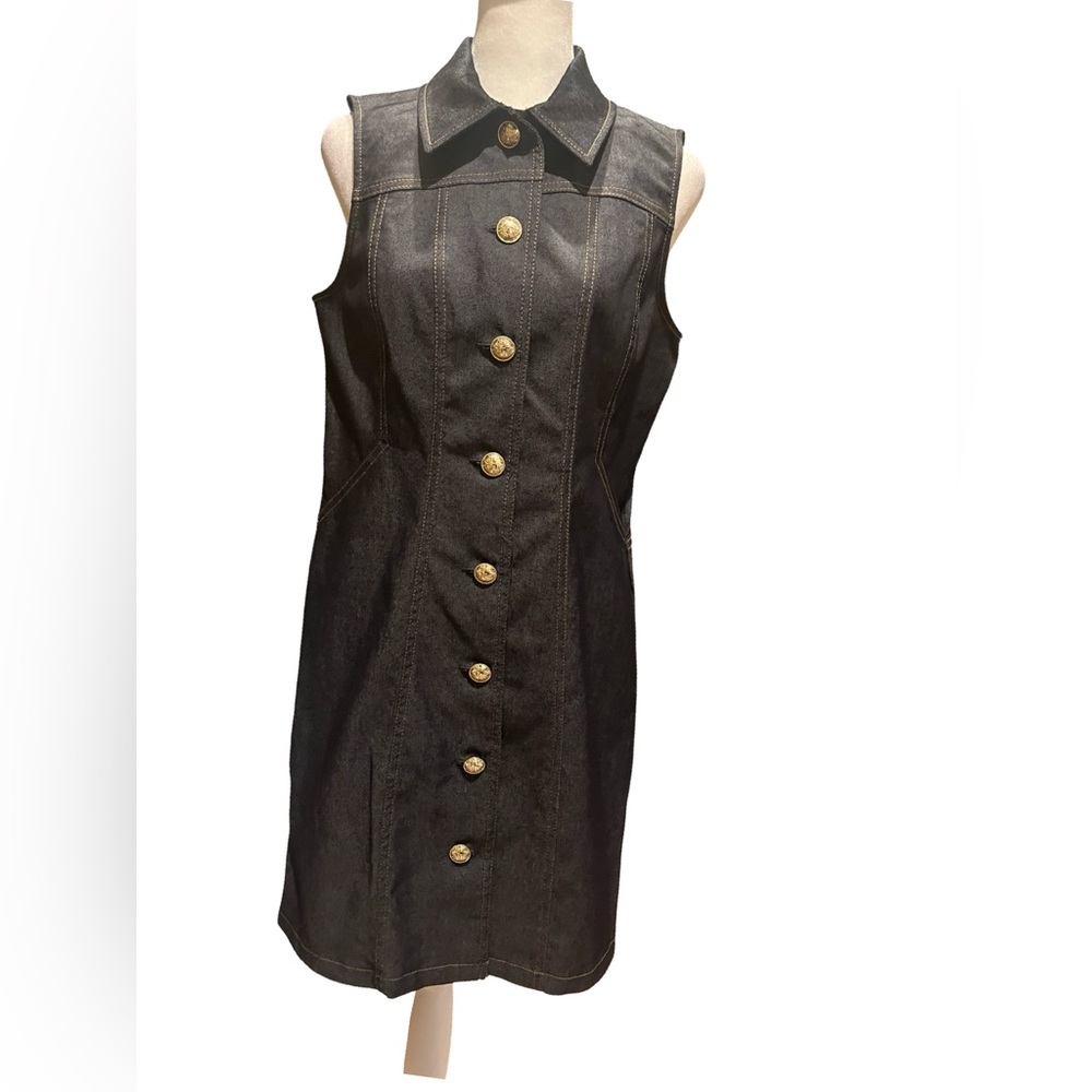 BCBG Sleeveless Black Denim Dress with Gold Buttons. Size 6.  NWT
